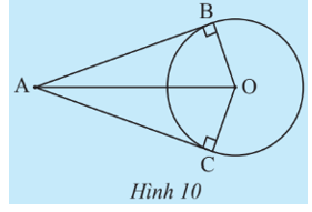 Cho đường tròn (O) và hai tiếp tuyến của đường tròn (O) tại B và C cắt nhau tại điểm A (Hình 10). (ảnh 1)