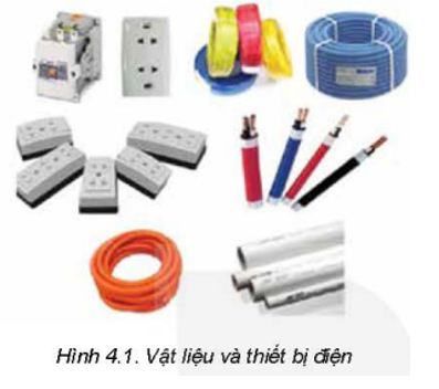 Quan sát Hình 4.1 và cho biết: Có những vật liệu,  thiết bị xây dụng nào được dùng để lắp đặt mạng điện trong nhà?   (ảnh 1)