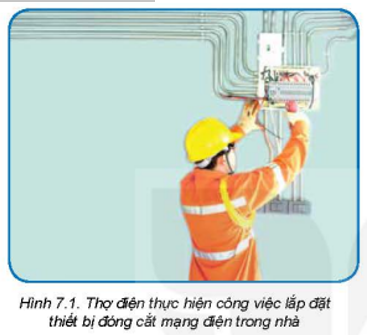 Hãy cho biết yêu cầu đối với người thợ điện khi thực hiện công việc ở hình 7.1. Em thấy mình có đáp ứng được những yêu cầu đó không ? (ảnh 1)