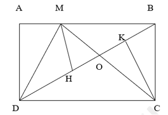 Cho hình chữ nhật ABCD có AB = 6 cm, AD = 4 cm. Điểm M nằm trên AB, MC cắt BD tại 0. (ảnh 1)