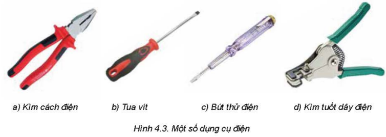 Hãy quan sát hình 4.3 và cho biết: Những dụng cụ nào được dùng để lắp đặt mạng điện trong nhà? Chúng được dùng vào những việc gì? Tại sao?   (ảnh 1)