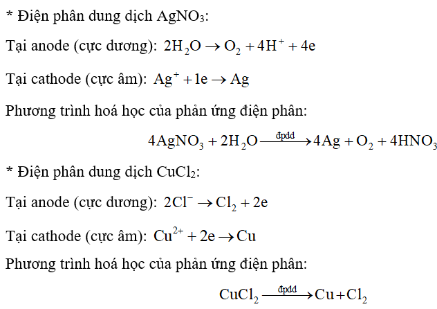 Viết quá trình xảy ra ở mỗi điện cực và phương trình hoá học của phản ứng điện phân khi điện phân dung dịch AgNO3; CuCl2 với điện cực graphite. (ảnh 1)