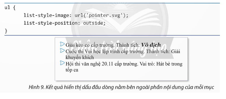 Em hãy thay đổi lần lượt các giá trị của thuộc tính list-style-position, đồng thời thay đổi độ rộng của trang web để xem kết quả hiển thị. (ảnh 1)