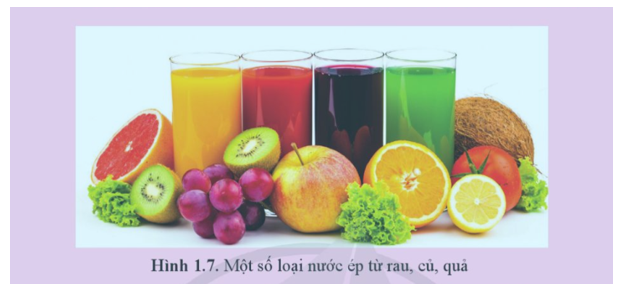 Nước ép từ rau, củ, quả như nước ép cam, nước ép cà chua,... (Hình 1.7) có chứa chất dinh dưỡng chính nào? Phân tích vai trò của chất dinh dưỡng này đối với cơ thể.   (ảnh 1)