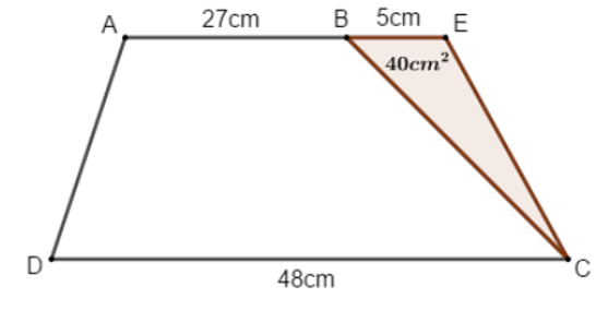 Cho hình thang ABCD có đáy nhỏ AB là 27 cm, đáy lớn CD là 48 cm (ảnh 1)