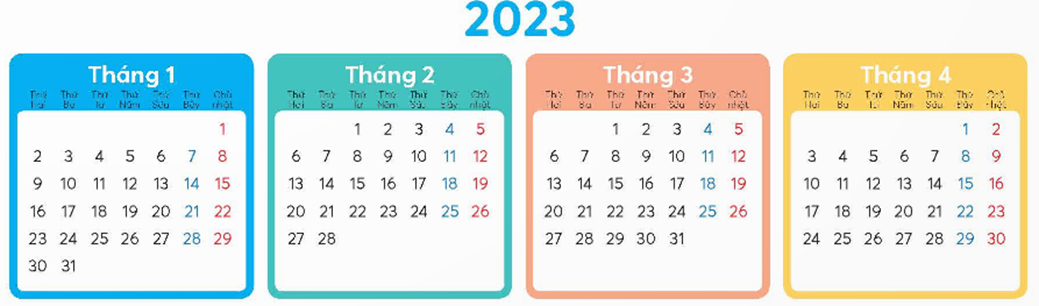 Quan sát lịch bốn tháng đầu năm 2023 rồi trả lời các câu hỏi.   a) Năm 2023 thuộc thế kỉ nào? Năm 2023 có phải là năm nhuận không? (ảnh 1)