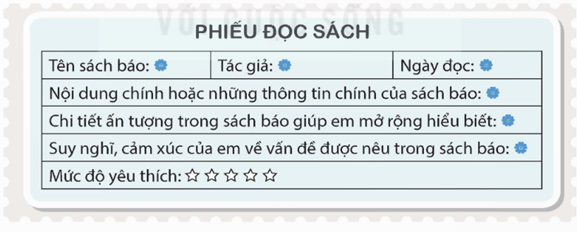 Viết phiếu đọc sách theo mẫu.  Dựa vào các câu chuyện gợi ý em đã đọc, em viết thông tin phù hợp vào phiếu đọc sách theo mẫu.  (ảnh 1)