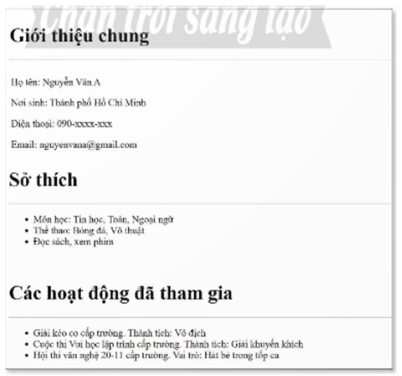 Em hãy bổ sung Sở thích và Các hoạt động đã tham gia cho trang web portfolio.html, sử dụng các thẻ tạo danh sách và  (ảnh 1)