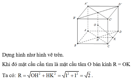 Mặt cầu tiếp xúc với tất cả các cạnh của hình lập phương cạnh bằng 2, có bán kính bằng bao nhiêu? (ảnh 1)