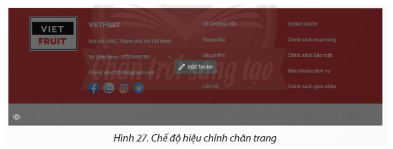 Sử dụng trang web chủ đề bán hàng đã thiết kế trong Thực hành từ bài E1 đến Bài E2, em hãy thiết kế chân trang theo mẫu như Hình 15.   (ảnh 13)