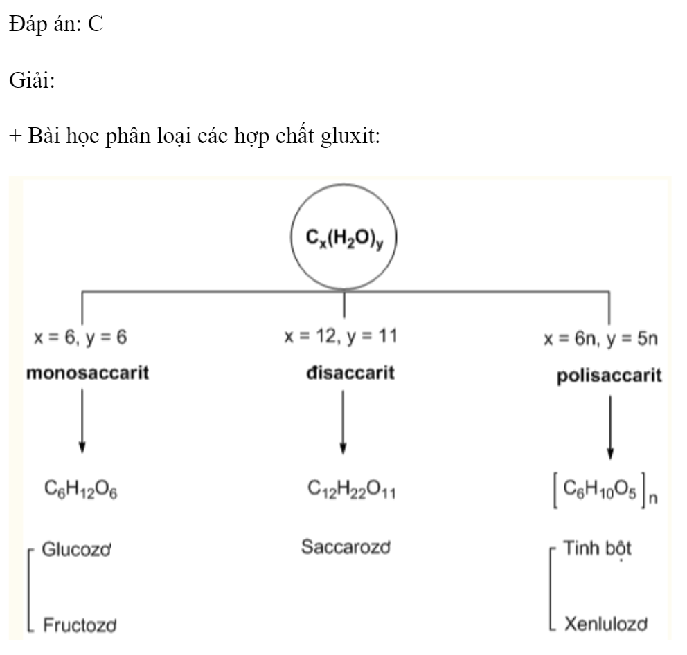 Tinh bột có nhiều trong củ và hạt của các cây lương thực. Công thức phân tử của tinh bột là 	A. 	B. 	C.  	D.  Đáp án: C Giải:  + Bài học phân loại các hợp chất gluxit: (ảnh 1)