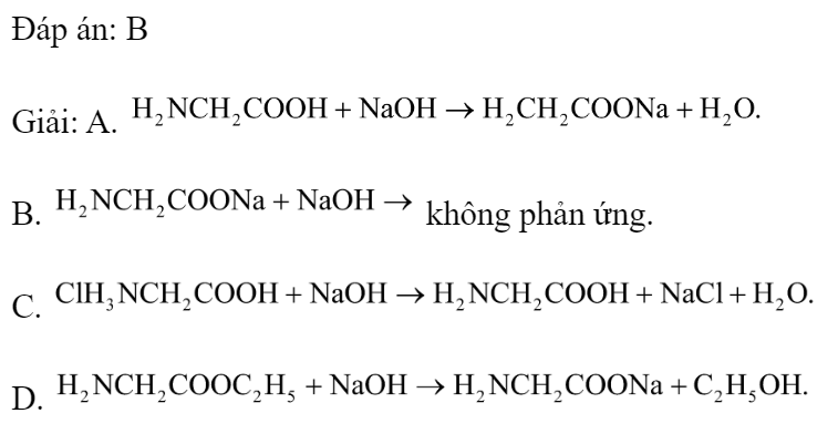 Chất nào sau đây không phản ứng với dung dịch NaOH khi đun nóng? 	A. 		B.  	C. Cl- 		D.  Đáp án: B Giải: A.  B.  không phản ứng. C.  D.  (ảnh 1)