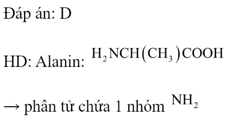 Số nhóm amino  trong phân tử alanin là 	A. 4.	B. 2.	C. 3.	D. 1. Đáp án: D HD: Alanin:   → phân tử chứa 1 nhóm  (ảnh 2)