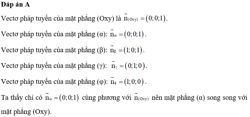 Trong không gian Oxyz, mặt phẳng nào dưới đây song song với mặt phẳng (Oxy)? (ảnh 1)