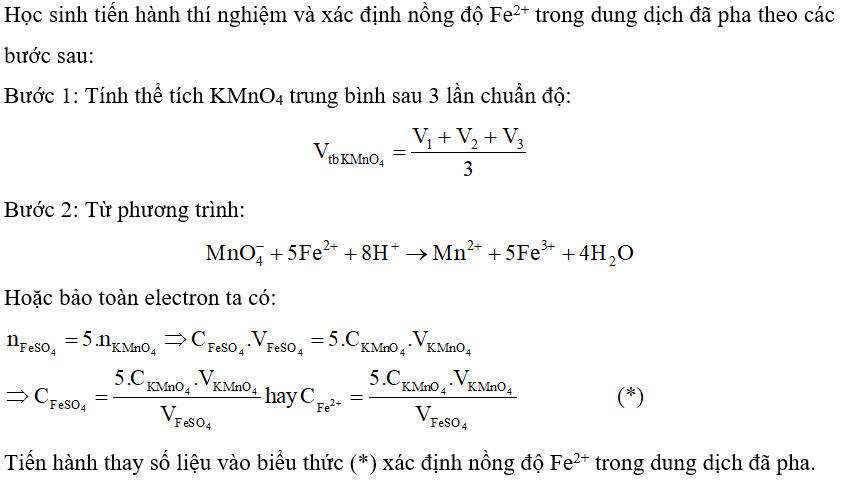 Từ kết quả chuẩn độ, xác định nồng độ Fe2+ trong dung dịch đã pha. (ảnh 1)