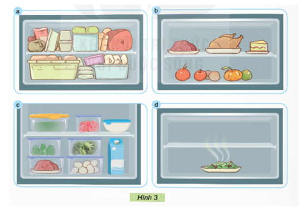 Em hãy quan sát Hình 3 và cho biết: Những hình ảnh nào thể hiện việc sắp xếp, bảo quản tủ lạnh không đúng cách?   (ảnh 1)