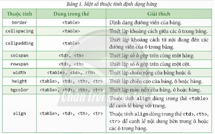 Chức năng của các thẻ và thuộc tính dùng để tạo bảng trong trang web là gì? (ảnh 1)