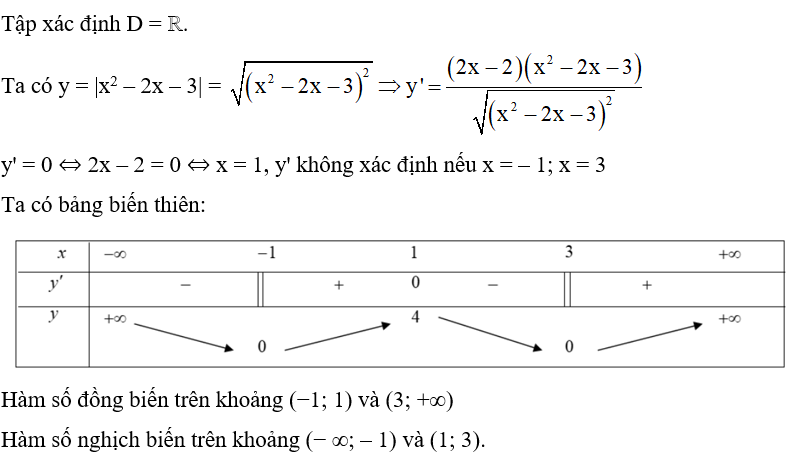 Tìm các khoảng đồng biến, nghịch biến của hàm số y = |x^2 – 2x – 3|. (ảnh 1)