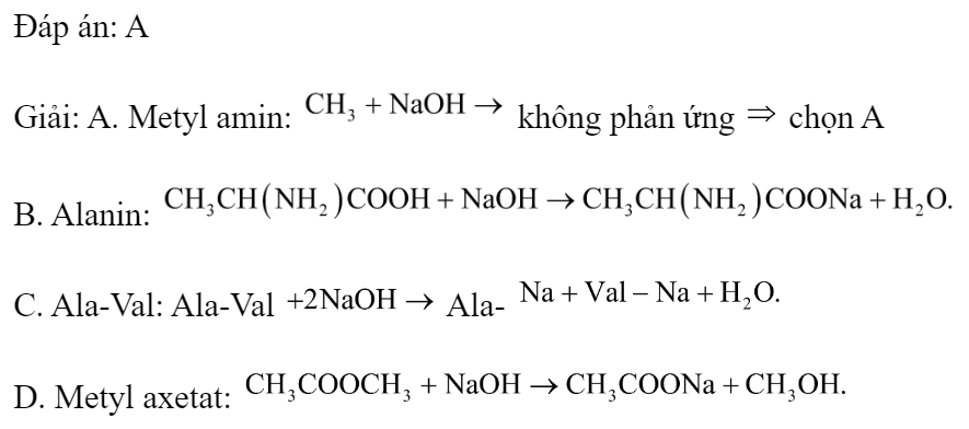 Chất nào sau đây không phản ứng với NaOH trong dung dịch? 	A. Metylamin.		B. Alanin. 	C. Ala-Val.		D. Metyl axetat. Đáp án: A Giải: A. Metyl amin:  không phản ứng  chọn A B. Alanin:  C. Ala-Val: Ala-Val  Ala-  D. Metyl axetat:  (ảnh 1)