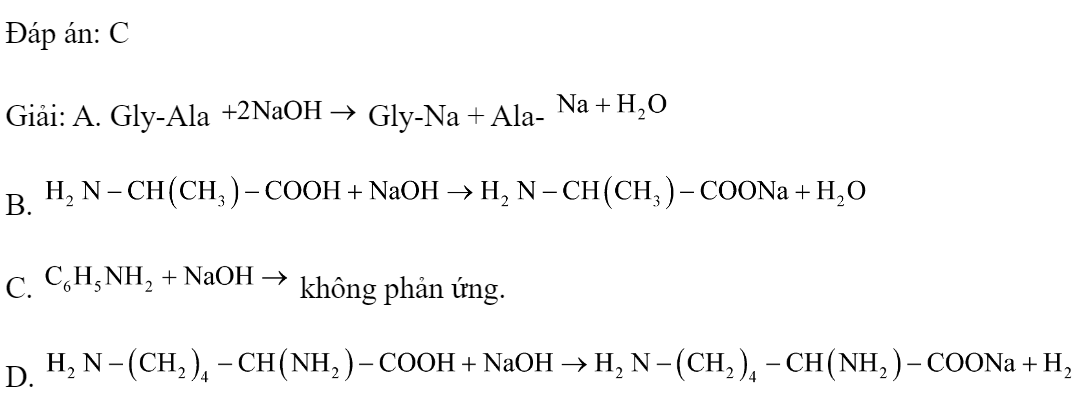 Chất nào sau đây không phản ứng với dung dịch NaOH ? 	A. Gly-Ala.		B. Alanin. 	C. Anilin.		D. Lysin. Đáp án: C Giải: A. Gly-Ala  Gly-Na + Ala-  B.  C.  không phản ứng. D.  (ảnh 1)
