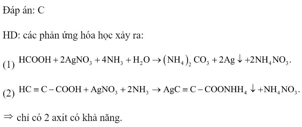 Cho dãy các axit có công thức cấu tạo sau:  Số axit có khả năng tác dụng với  (trong dung dịch , đun nóng) là 	A. 1.	B. 3.	C. 2.	D. 4. Đáp án: C HD: các phản ứng hóa học xảy ra: (1)  (2)   chỉ có 2 axit có khả năng. Chọn đáp án C. (ảnh 2)