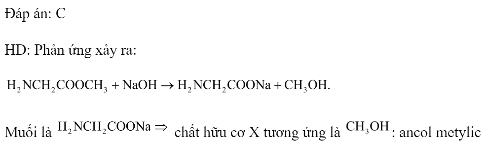  Khi cho  tác dụng với dung dịch NaOH thu được sản phẩm là muối và chất hữu cơ X. Chất X là 	A. ancol etylic.		B. etylamin. 	C. ancol metylic.		D. metylamin. Đáp án: C HD: Phản ứng xảy ra:  Muối là  chất hữu cơ X tương ứng là : ancol metylic  (ảnh 2)