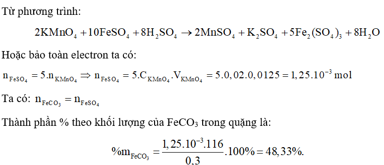 Để xác định hàm lượng của FeCO3 trong quặng siderite, người ta có thể làm như sau: Cân 0,300 g mẫu quặng, xử lí theo một quy trình thích hợp, thu được dung dịch FeSO4 trong môi trường H2SO4 loãng. (ảnh 1)