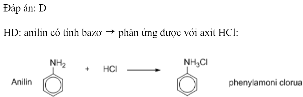 Anilin  có phản ứng với dung dịch 	A. NaOH.	B. 	C. NaCl.	D. HCl. Đáp án: D HD: anilin có tính bazơ  phản ứng được với axit HCl: (ảnh 2)