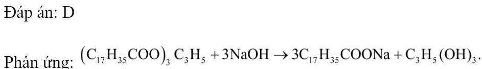Thủy phân tristearin  trong dung dịch , thu được muối có công thức là 	A. 		B.  	C. 		D.  Đáp án: D Phản ứng:  (ảnh 2)