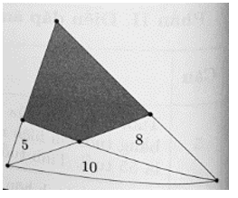 Cho hình vẽ bên, diện tích của ba tam giác lần lượt là 5 cm2, 8 cm2, 10 cm2. Tính diện tích phần tứ giác tô đâm. (ảnh 1)