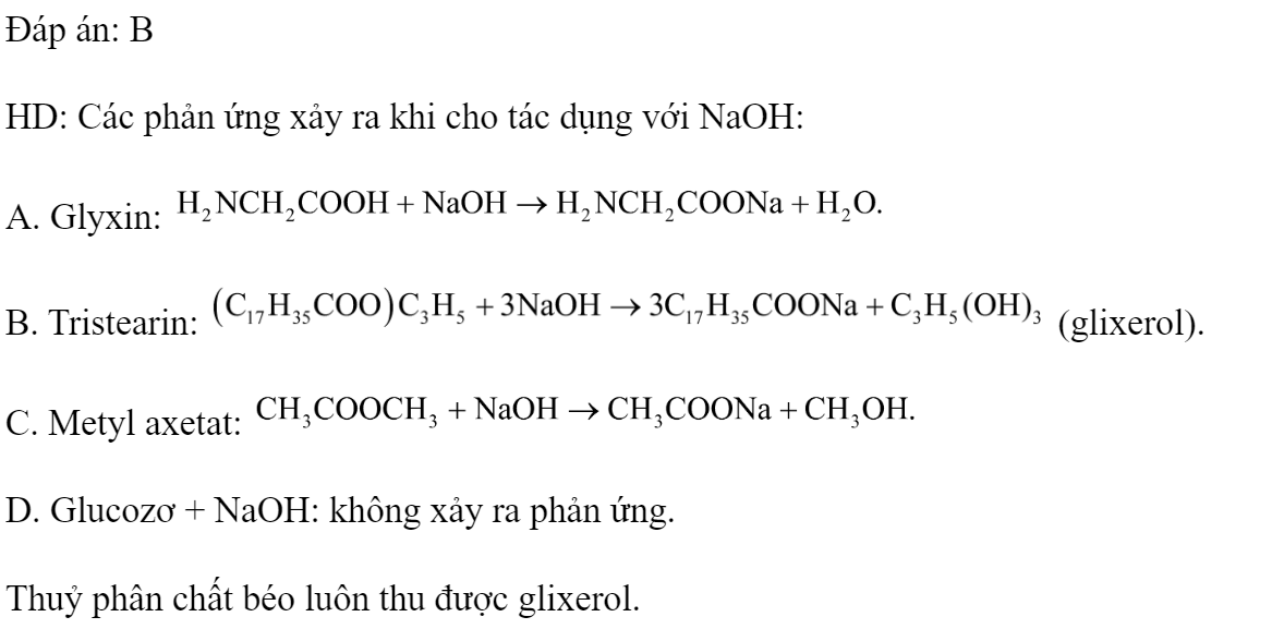 Chất nào sau đây tác dụng với dung dịch NaOH đun nóng tạo ra glixerol? 	A. Glyxin.		B. Tristearin. 	C. Metyl axetat.		D. Glucozơ. Đáp án: B HD: Các phản ứng xảy ra khi cho tác dụng với NaOH: A. Glyxin:  B. Tristearin:  (glixerol). C. Metyl axetat:  D. Glucozơ + NaOH: không xảy ra phản ứng. Thuỷ phân chất béo luôn thu được glixerol. (ảnh 1)