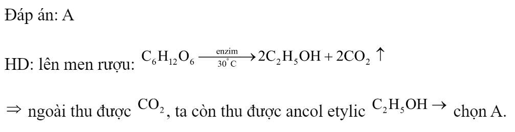 Trong điều kiện thích hợp glucozơ lên men tạo thành khí  và 	A. 		B.  	C. HCOOH.		D.  Đáp án: A HD: lên men rượu:   ngoài thu được , ta còn thu được ancol etylic  chọn A. (ảnh 1)