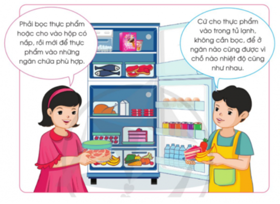 Hai bạn đang tranh luận cách sắp xếp thực phẩm vào trong tủ lạnh. Theo em, ý kiến của bạn nào hợp lí?   (ảnh 1)
