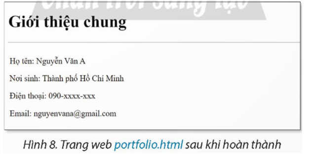 Thực hiện hiệu chỉnh trang web portfolio.html trong các ví dụ của bài học để giới thiệu vài thông  (ảnh 1)
