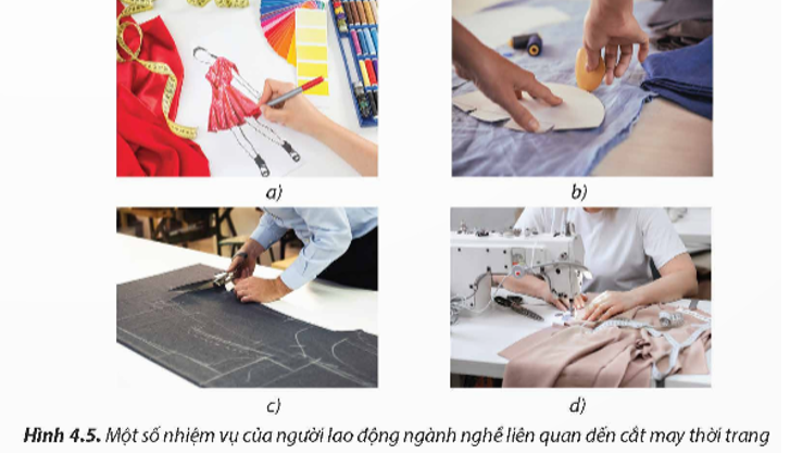 Hãy mô tả các nhiệm vụ của người lao động ngành nghề liên quan đến cắt may thời trang minh họa trong Hình 4.5.   (ảnh 1)