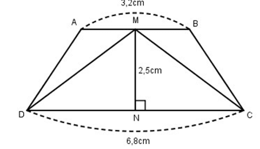 Diện tích của hình thang ABCD lớn hơn diện tích của hình tam giác BAC bao nhiêu đề-xi-mét vuông (xem hình vẽ bên)? (ảnh 1)