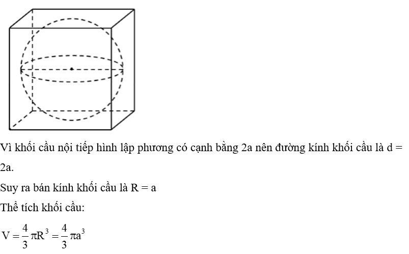 Tính thể tích của khối cầu nội tiếp hình lập phương có cạnh bằng 2a. (ảnh 1)