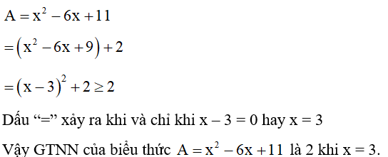 Tìm GTNN của biểu thức A= x^2 -6x +11 (ảnh 1)