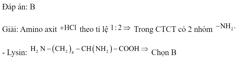 Amino axit nào sau đây phản ứng với HCl (trong dung dịch) theo tỉ lệ mol tương ứng 1:2? 	A. Alanin.	B. Lysin.	C. Axit glutamic.	D. Valin. Đáp án: B Giải: Amino axit  theo tỉ lệ  Trong CTCT có 2 nhóm  - Lysin:  Chọn B (ảnh 1)