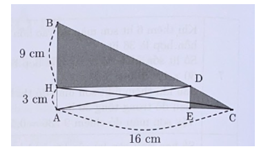 Cho hình vẽ bên. Tam giác ABC vuông và AEDH là hình chữ nhật. Tính diện tích phần tô đậm. (ảnh 2)