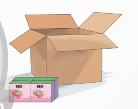 Người ta đóng gói các hộp kẹo theo từng lốc, mỗi lốc có 4 hộp. Cứ 8 lốc xếp được một thùng. Mỗi hộp kẹo có thể tích là 0,5 dm3.  (ảnh 1)