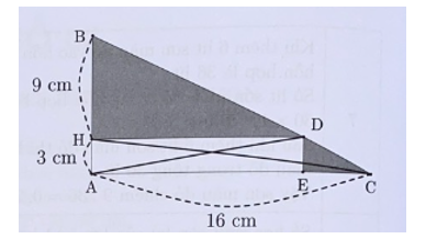 Cho hình vẽ bên. Tam giác ABC vuông và AEDH là hình chữ nhật. Tính diện tích phần tô đậm. (ảnh 3)
