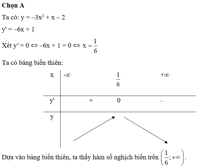 Hàm số y = –3x^2 + x – 2 nghịch biến trên khoảng nào sau đây? (ảnh 1)