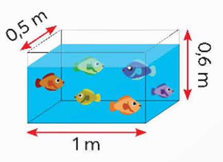 Một bể kính nuôi cá dạng hình hộp chữ nhật có kích thước như hình bên. Khi bể không có nước, người ta mở vòi cho nước chảy vào bể, mỗi phút được 12 l .  (ảnh 1)