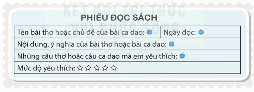 Viết phiếu đọc sách theo mẫu. phiếu đọc sách tên bài thơ hoặc chủ đề của bài ca dao ngày đọc nội dung ý nghĩa (ảnh 1)