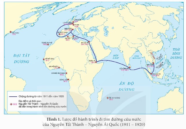 Giới thiệu hành trình tìm đường cứu nước của Nguyễn Ái Quốc trên lược đổ Hình 1 (tr. 95). (ảnh 1)