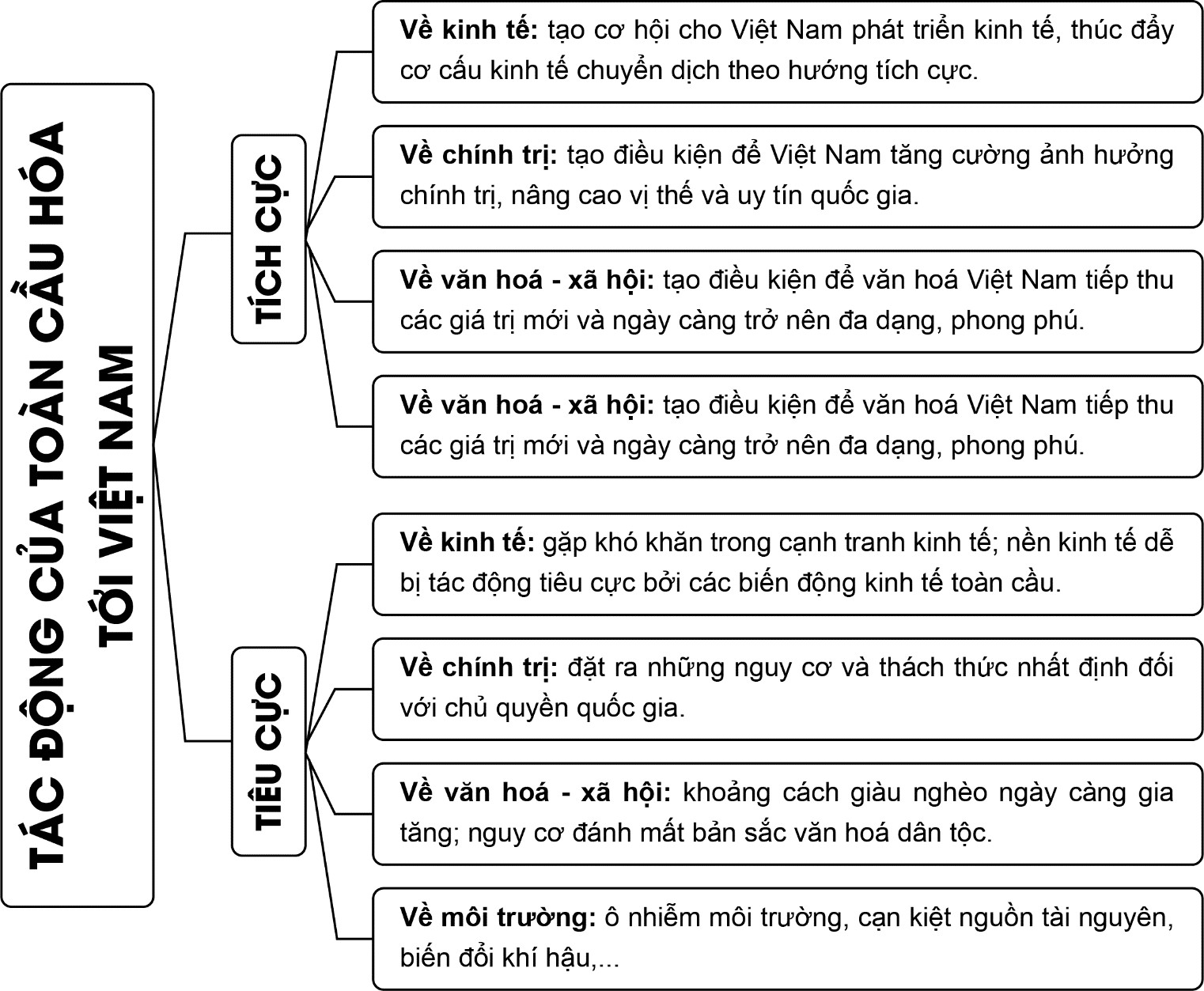 Vẽ sơ đồ tư duy thể hiện những tác động tích cực và tiêu cực của toàn cầu hoá đối với thế giới nói chung và Việt Nam nói riêng. (ảnh 1)