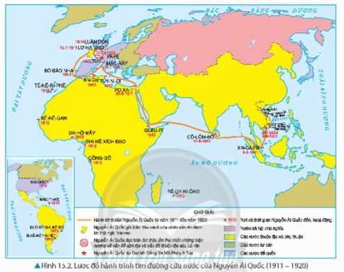 Quan sát Hình 15.2, trình bày hành trình tìm đường cứu nước của Nguyễn Ái Quốc giai đoạn 1911-1920.  (ảnh 1)