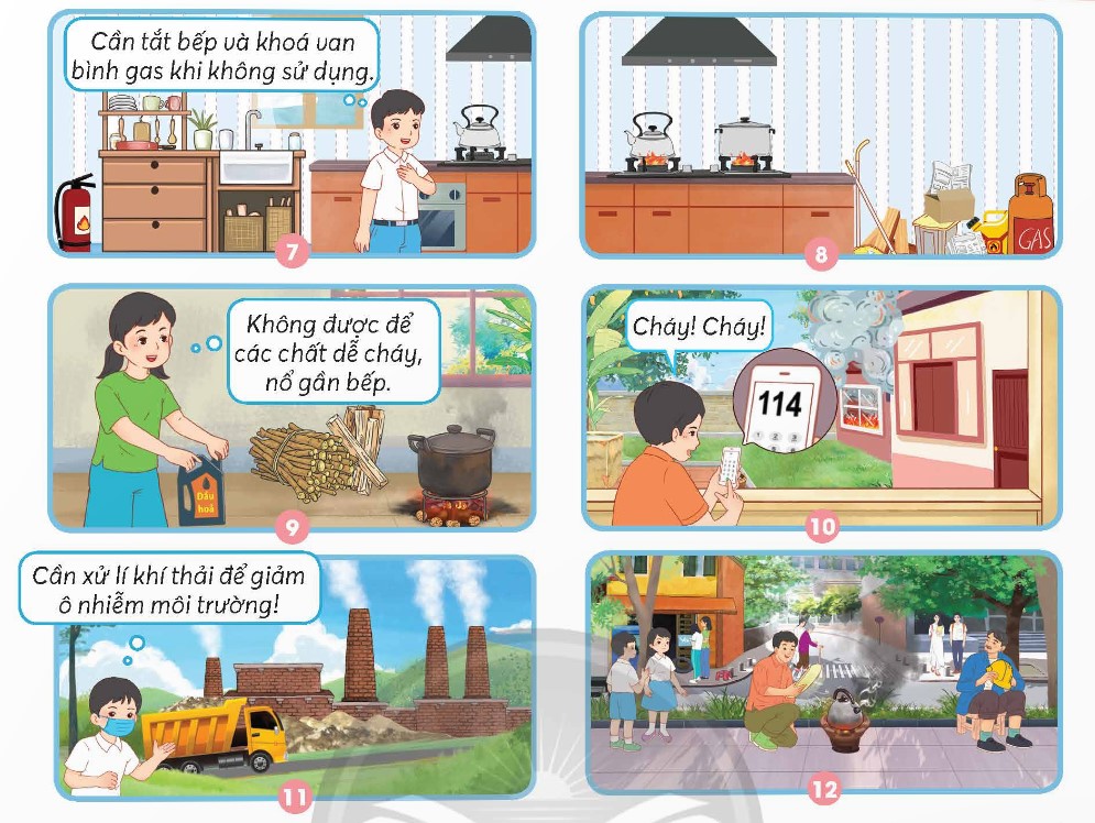 - Quan sát các hình từ hình 7 đến 12 trang 39 và chỉ ra những việc nên làm, việc không nên làm để phòng chống cháy, nổ, ô nhiễm môi trường khi sử dụng năng lượng chất đốt. Giải thích? (ảnh 1)
