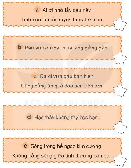 Đánh dấu  vào ngôi sao ở câu tục ngữ, ca dao nói về ý nghĩa của tình bạn. Em hãy nêu hiểu biết của em về một trong các câu đó. (ảnh 1)